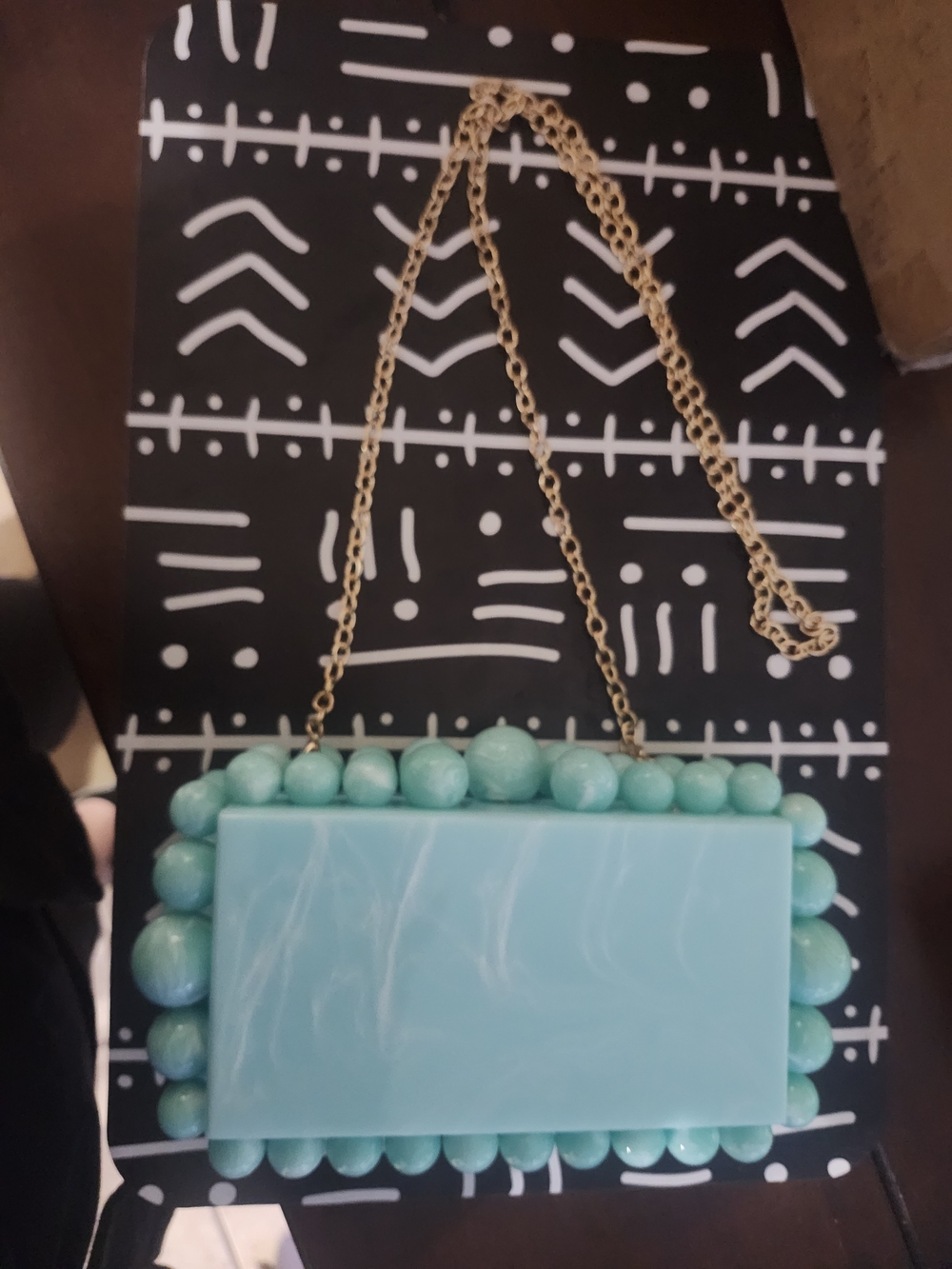 Turquoise Acrylic Cluch with Beaded Rectangle Clutch with Detachable Gold Chain
